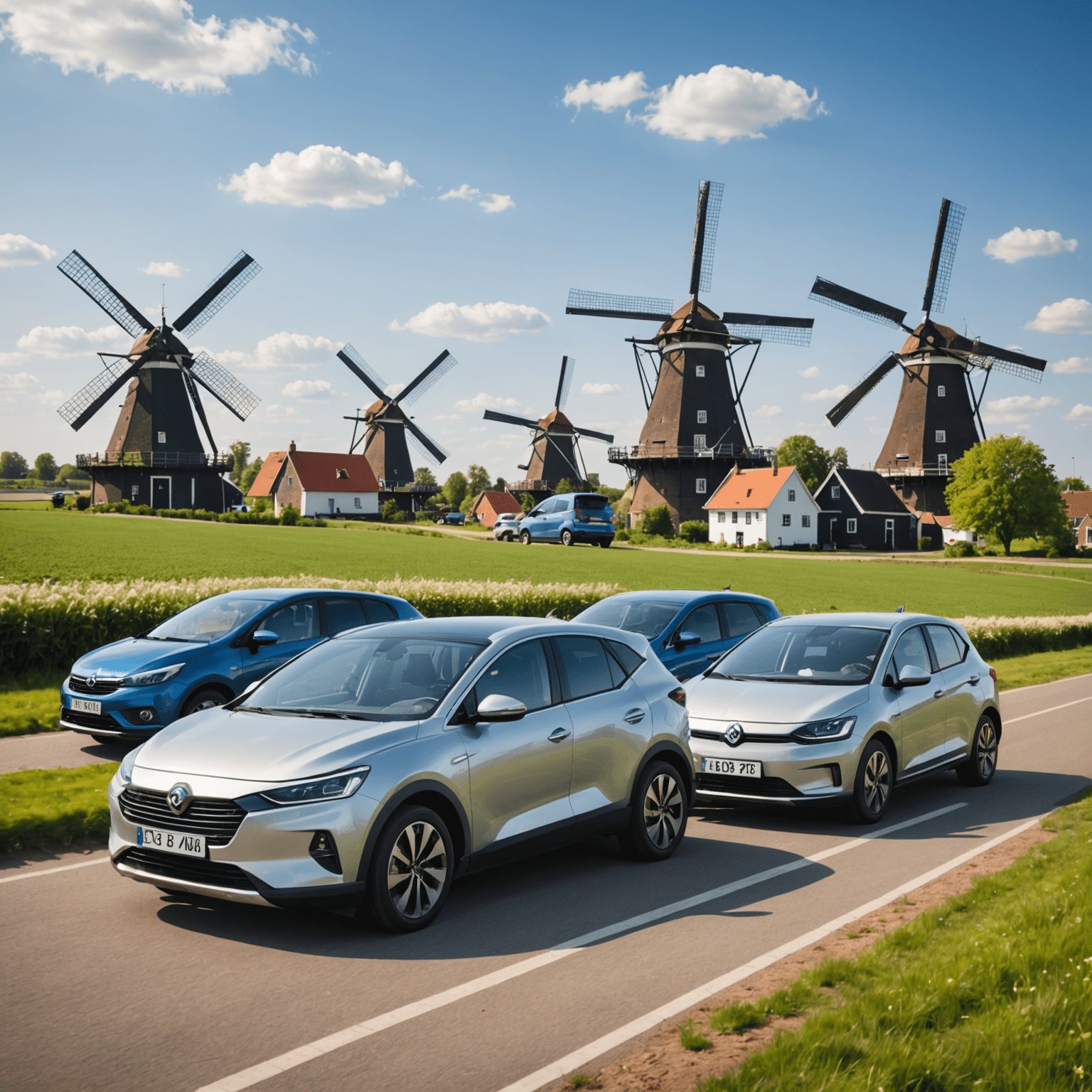 Vijf zuinige auto's op een rij, variërend van compacte stadsauto's tot middelgrote gezinswagens, met een Nederlandse windmolen op de achtergrond