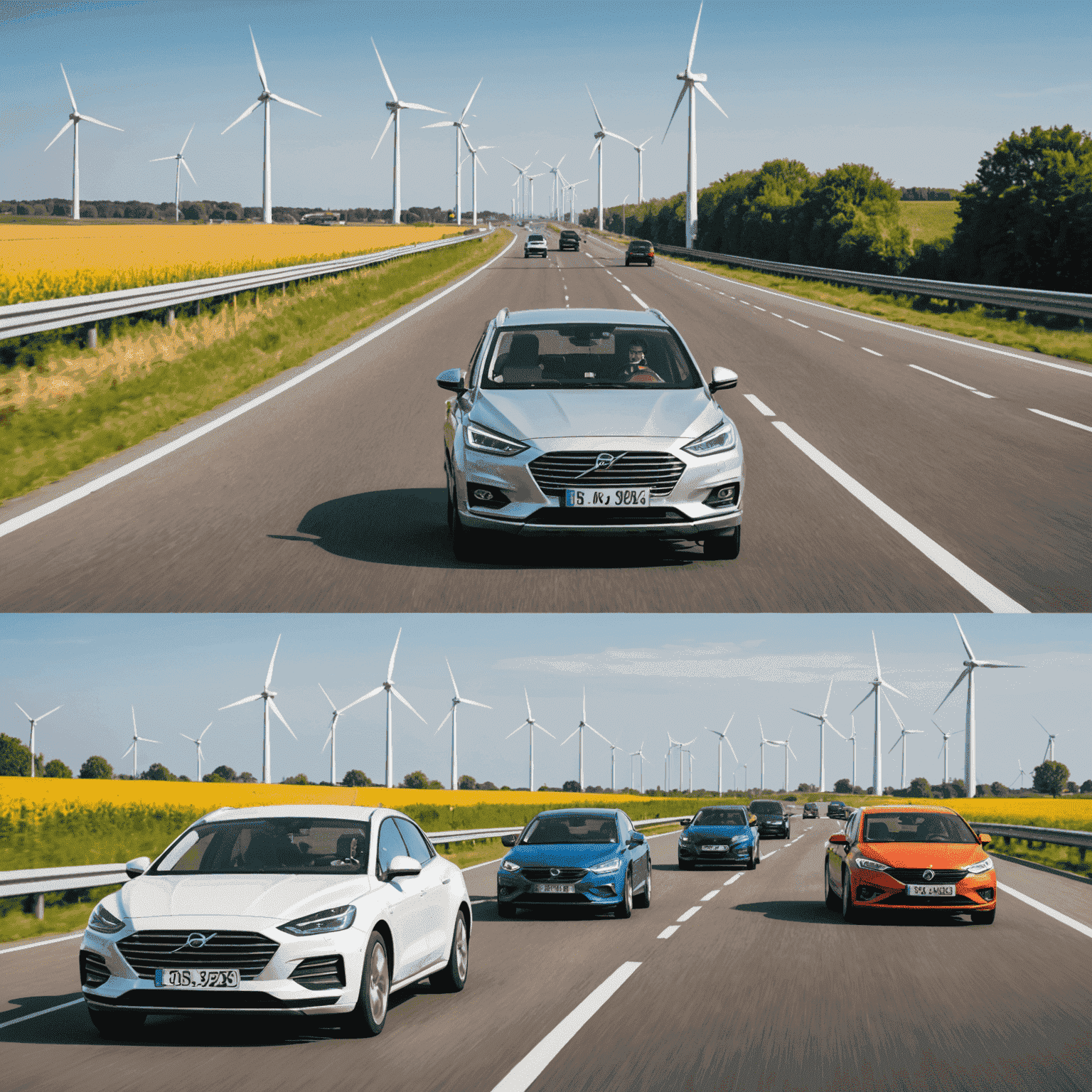 Collage van vijf moderne, zuinige auto's rijdend op een Nederlandse snelweg met windmolens op de achtergrond