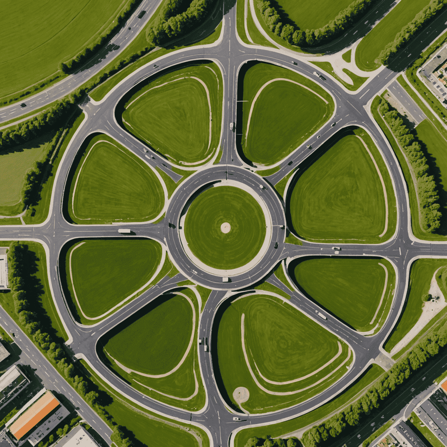 Luchtfoto van Nederlandse snelwegen met kenmerkende rotondes en fietspaden