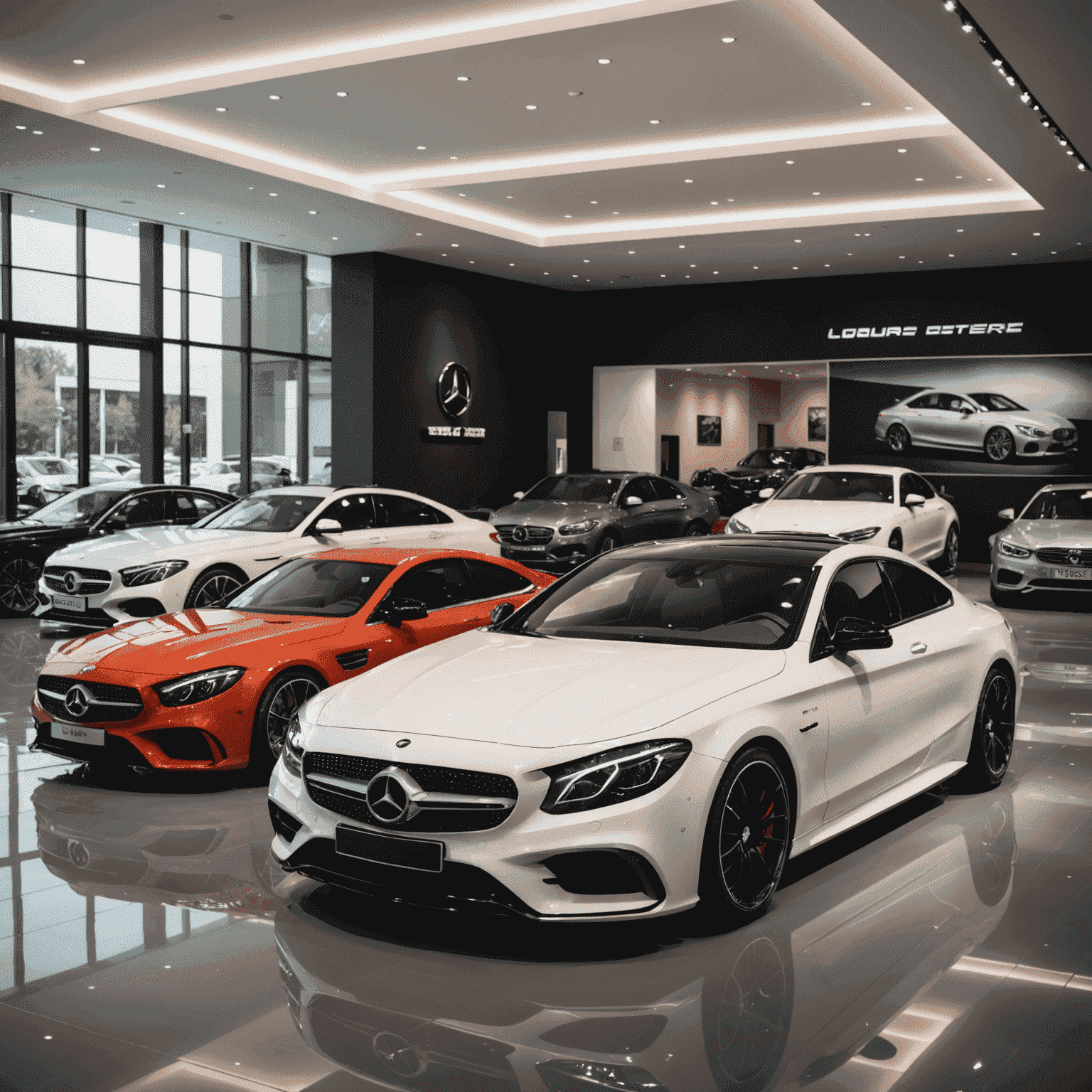 Een showroom met verschillende luxe auto's, waaronder een Mercedes, BMW en Audi, met glanzende carrosserieën en chique interieurs