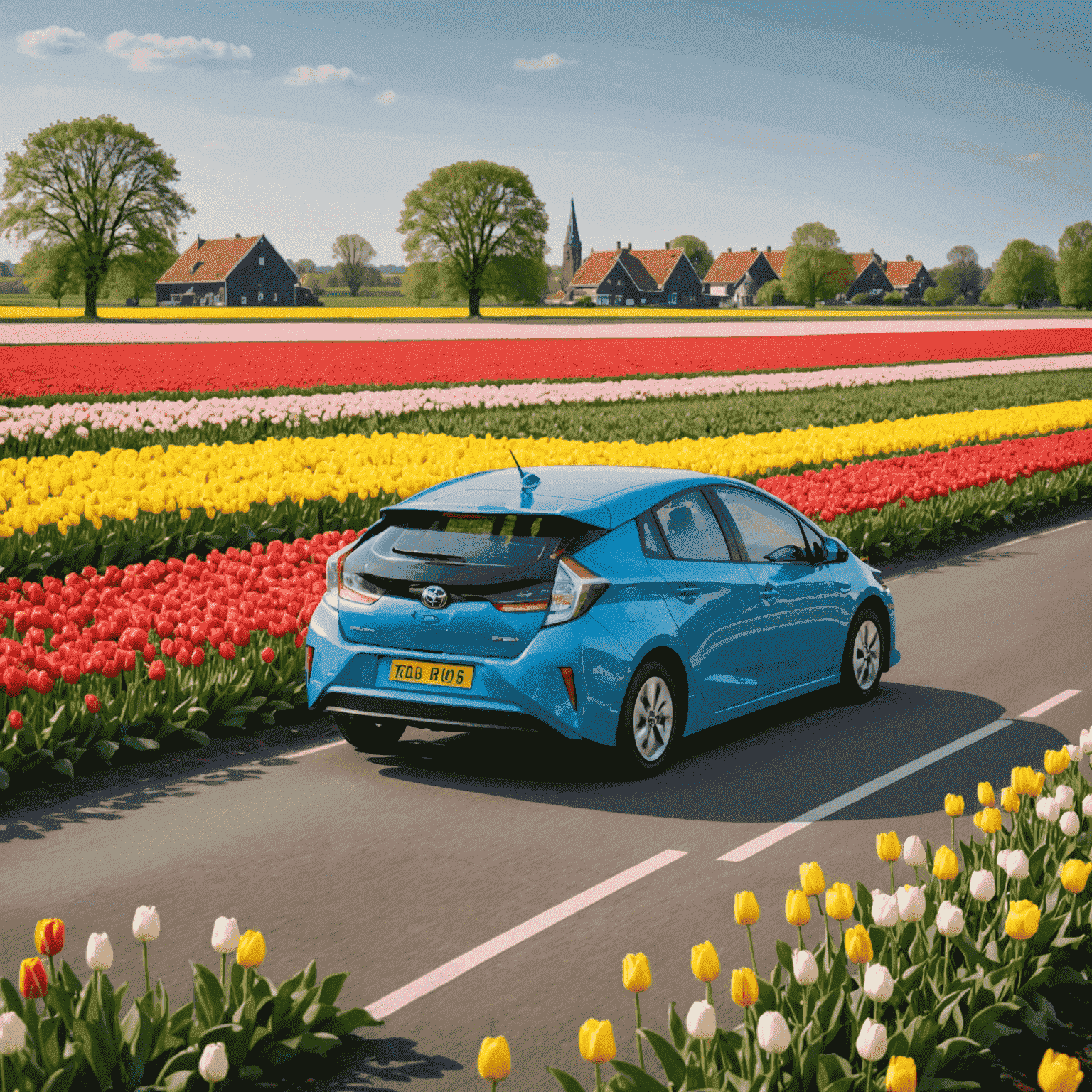 Toyota Prius Plug-in Hybrid rijdend door een typisch Nederlands landschap met tulpenvelden