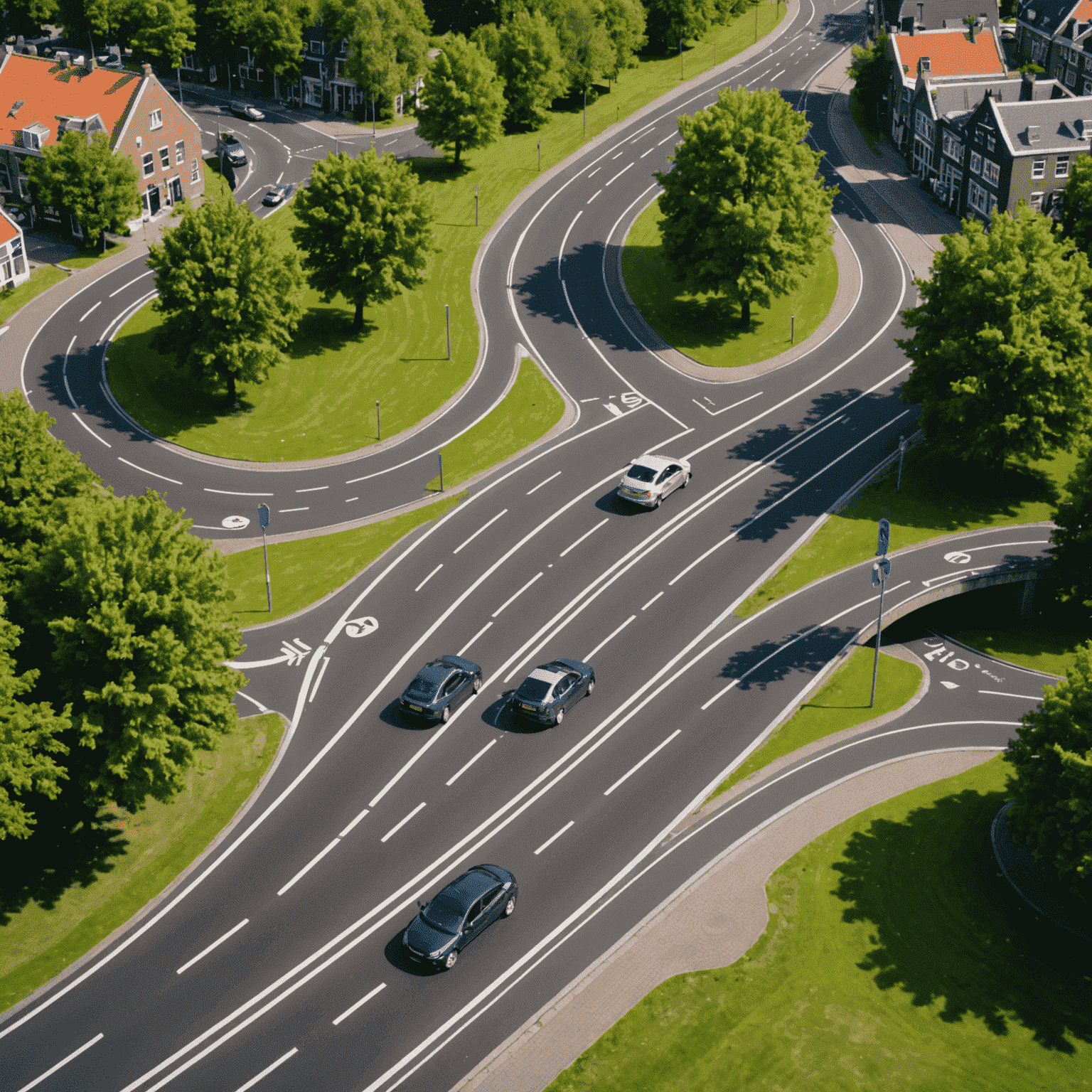 Een typische Nederlandse weg met verkeersborden, fietspaden en een rotonde, met een auto die veilig navigeert