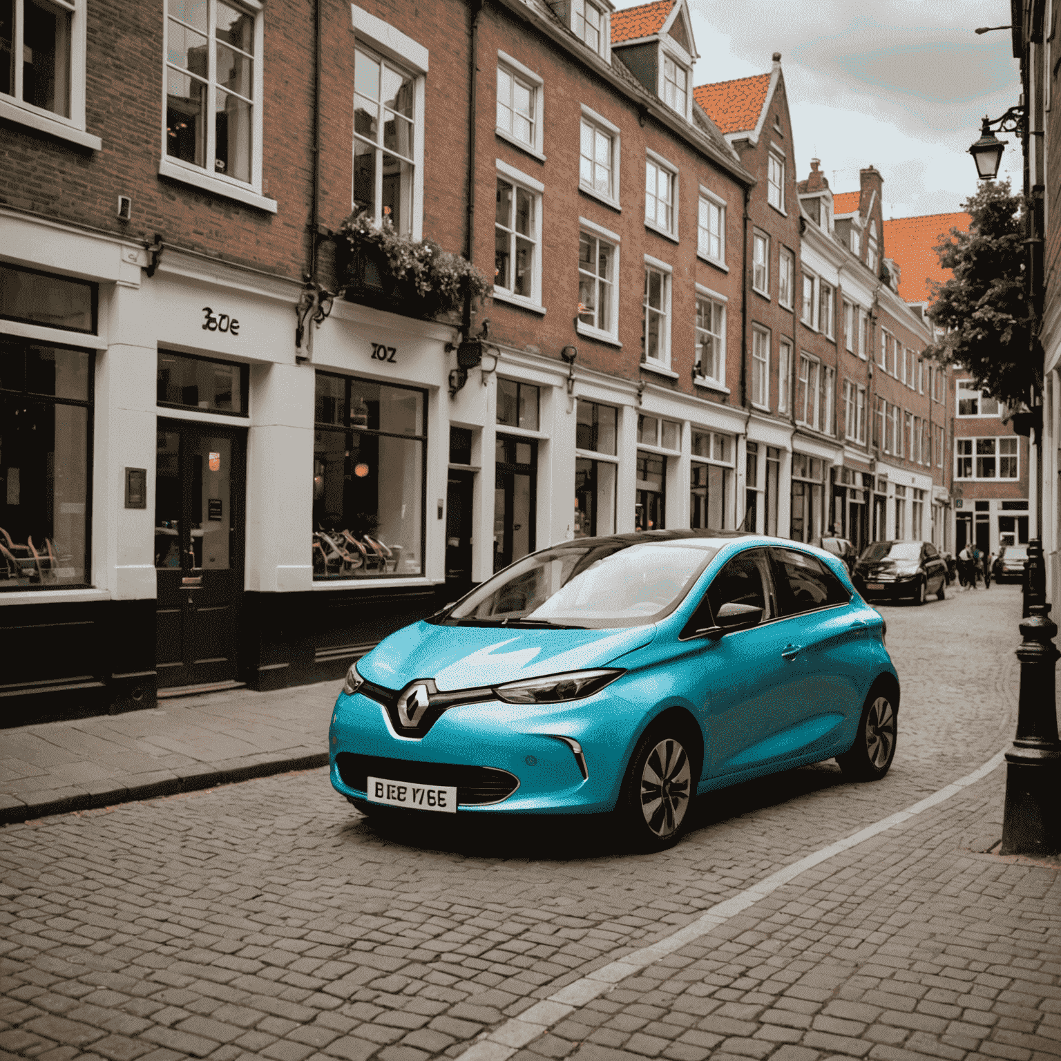 Renault ZOE rijdend door een smalle straat in een historisch Nederlands stadscentrum